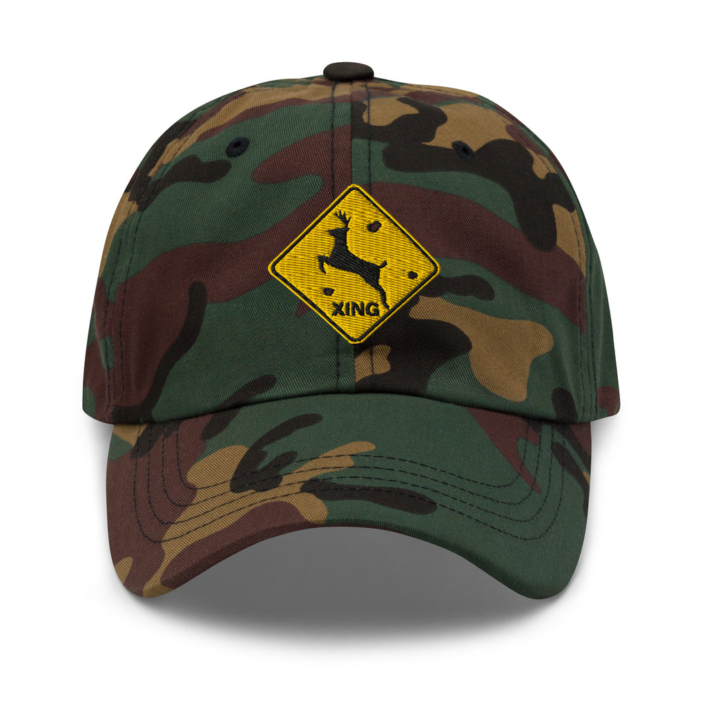 Deer crossing sign embroidered green camo dad hat front view – funny deer hunting cap with bullet holes