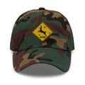 Deer crossing sign embroidered green camo dad hat front view – funny deer hunting cap with bullet holes