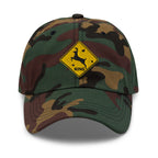 Deer crossing sign embroidered green camo dad hat front view – funny deer hunting cap with bullet holes