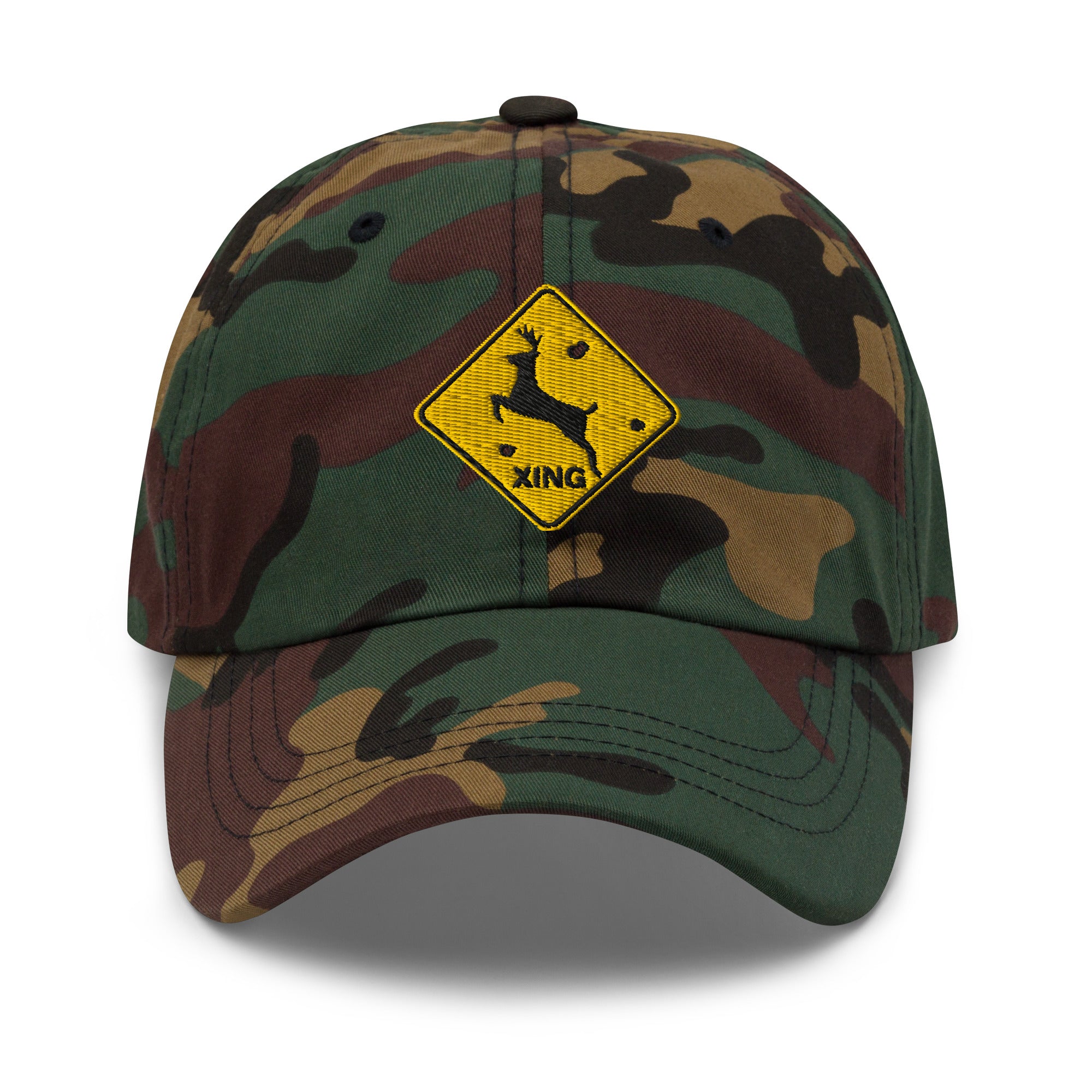 Deer crossing sign embroidered green camo dad hat front view – funny deer hunting cap with bullet holes
