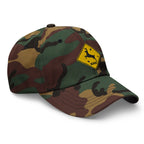 Deer crossing sign embroidered green camo dad hat right front view