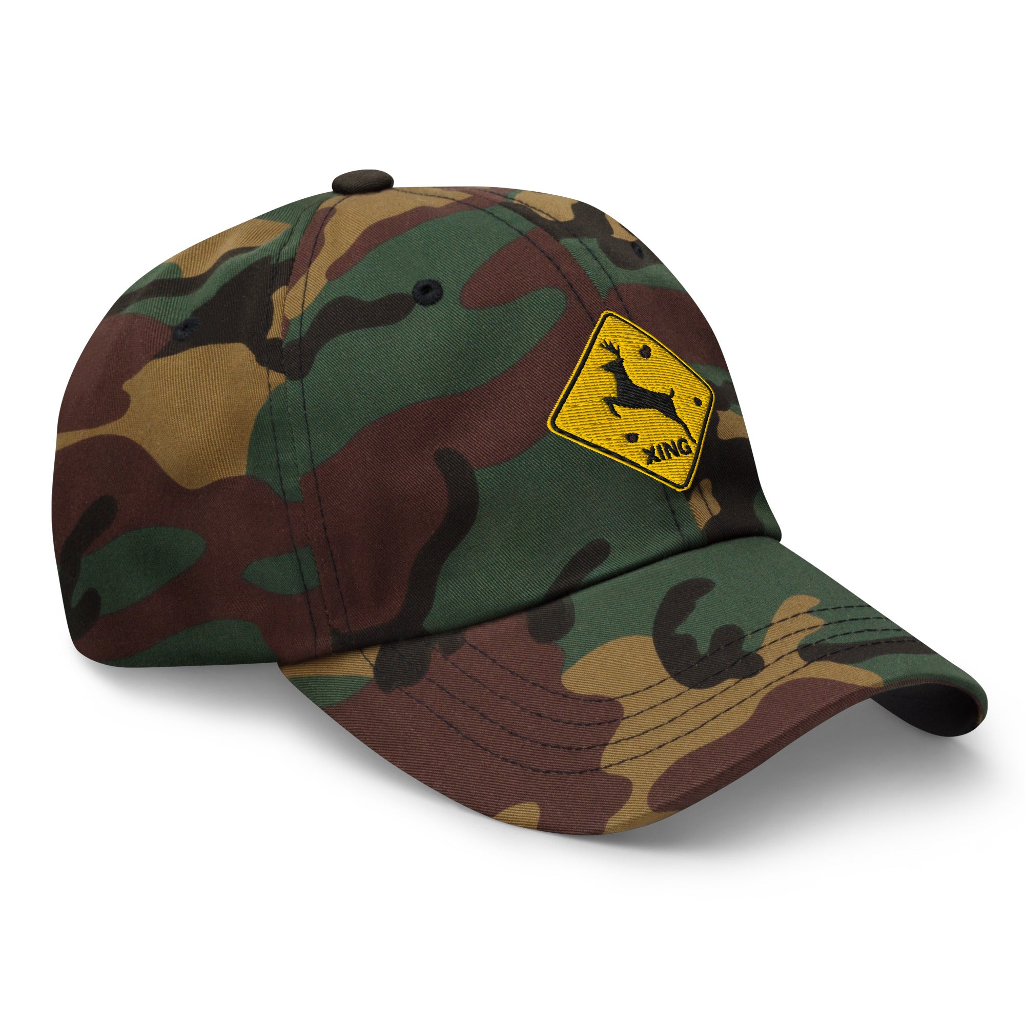 Deer crossing sign embroidered green camo dad hat right front view