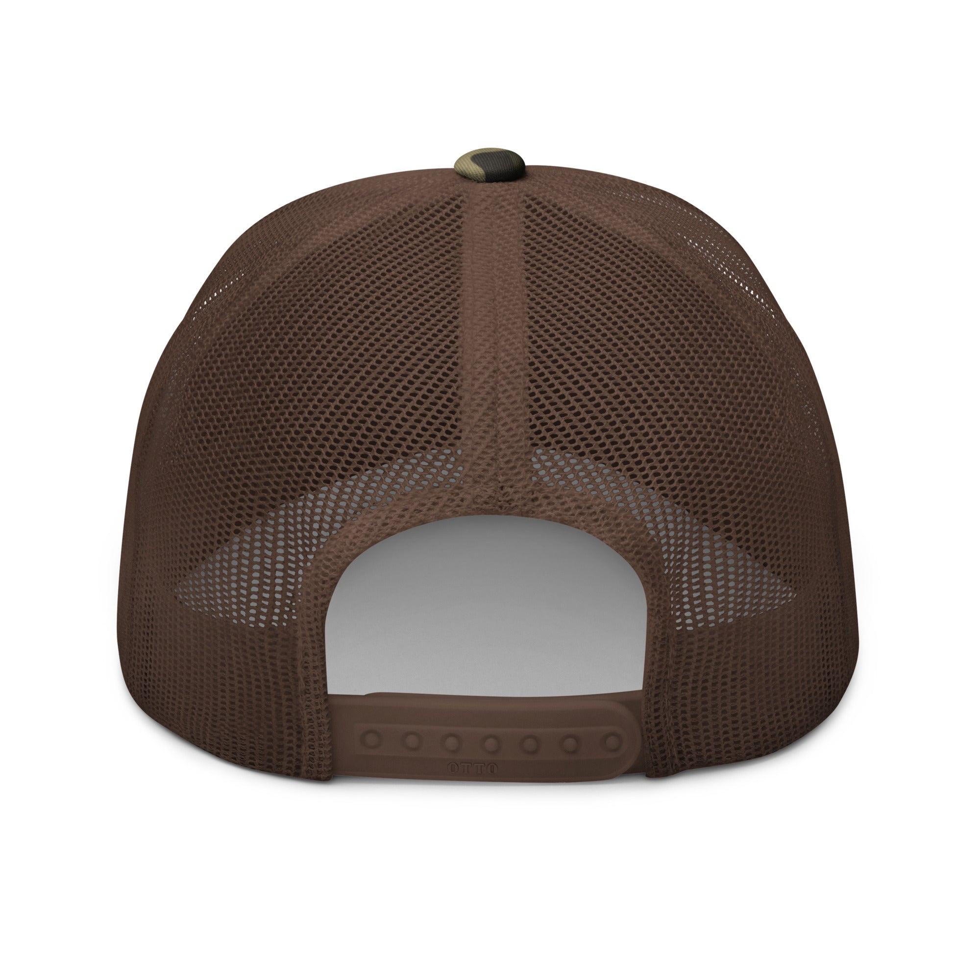 Deer crossing sign camo trucker hat back view – adjustable plastic snapback closure