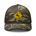 Deer crossing sign embroidered camo trucker hat front view – funny deer hunting cap with bullet holes