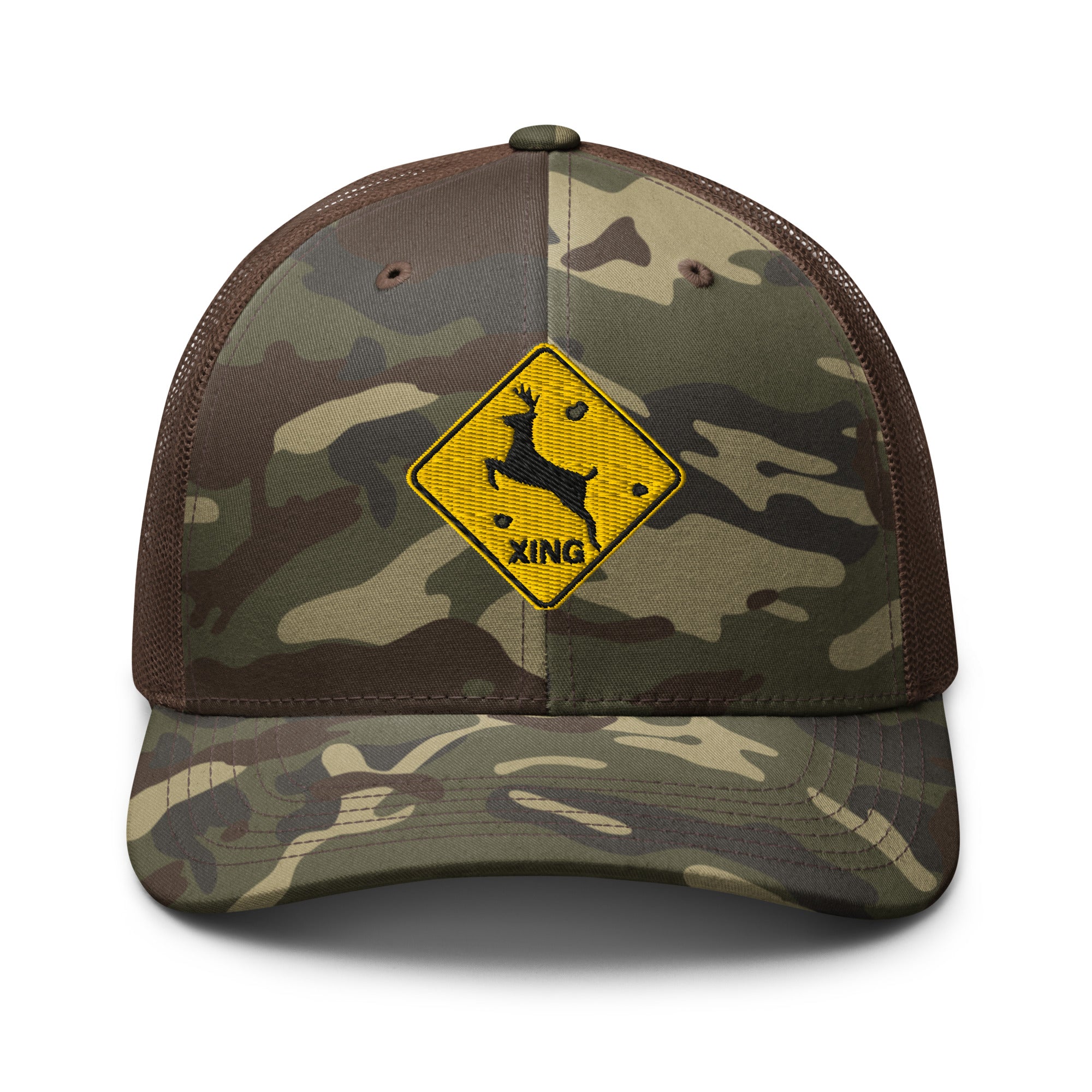 Deer crossing sign embroidered camo trucker hat front view – funny deer hunting cap with bullet holes