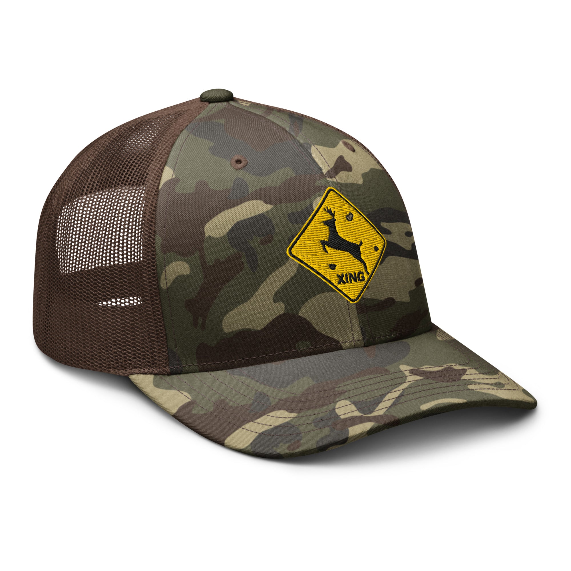 Camo deer crossing sign trucker hat right front view