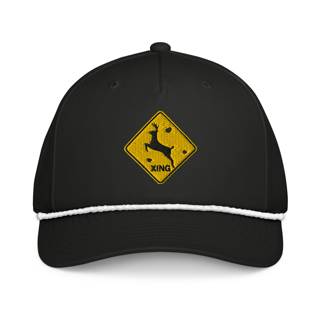 Deer crossing sign embroidered black rope hat with white rope – funny deer hunting cap with bullet holes