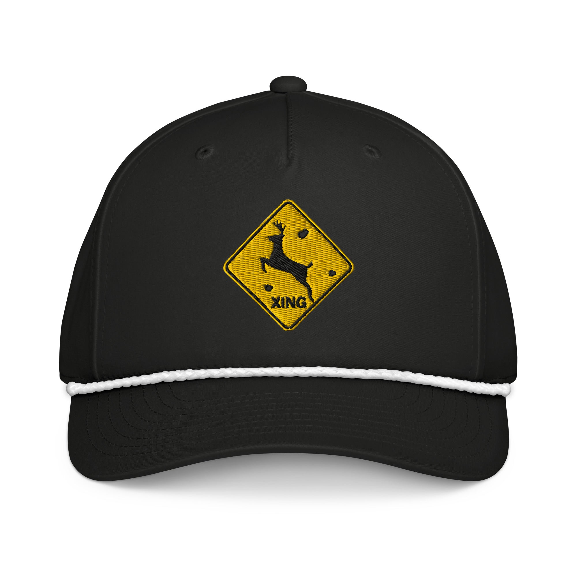 Deer crossing sign embroidered black rope hat with white rope – funny deer hunting cap with bullet holes