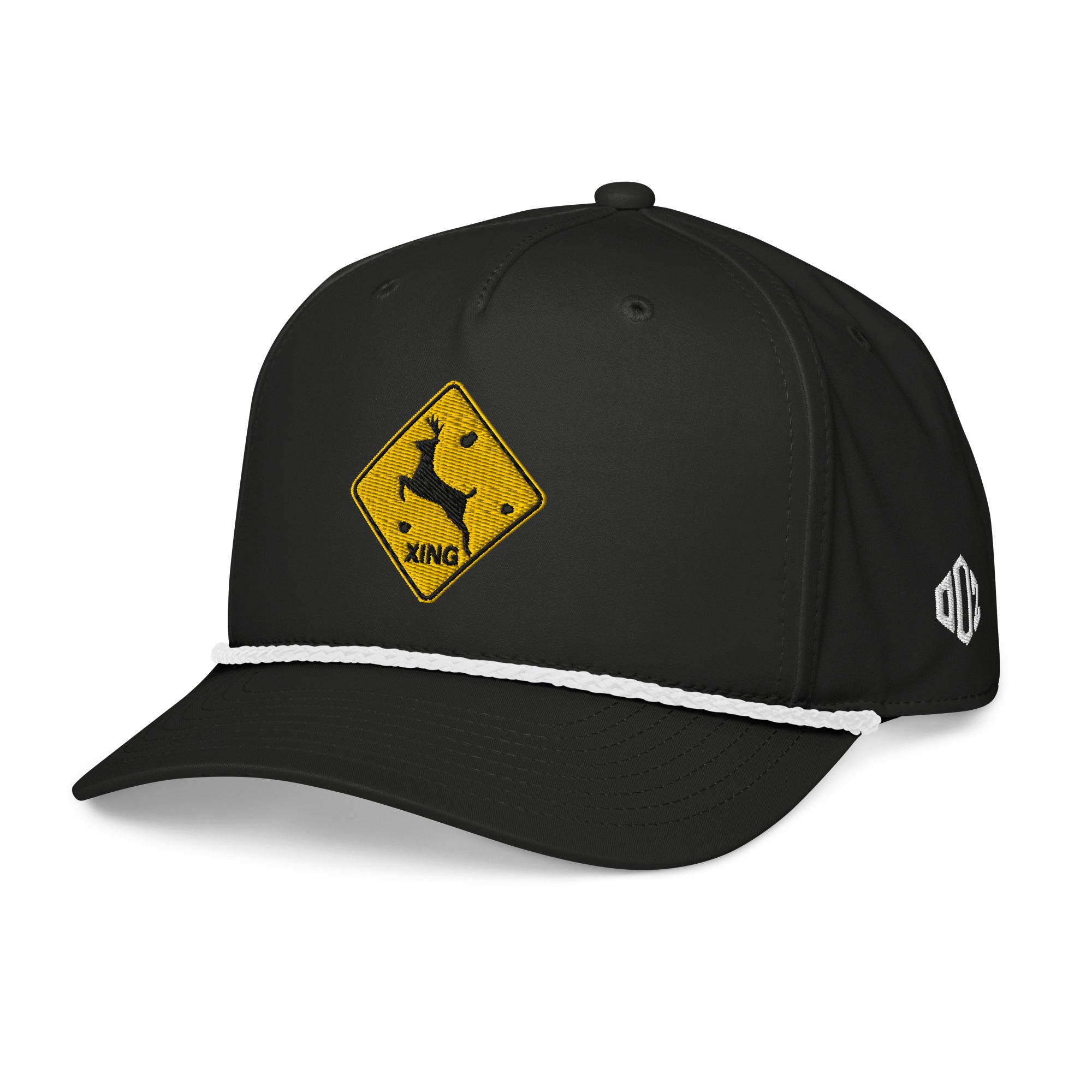 Black deer crossing sign rope hat left front view showing Outdoorz Hats logo embroidery