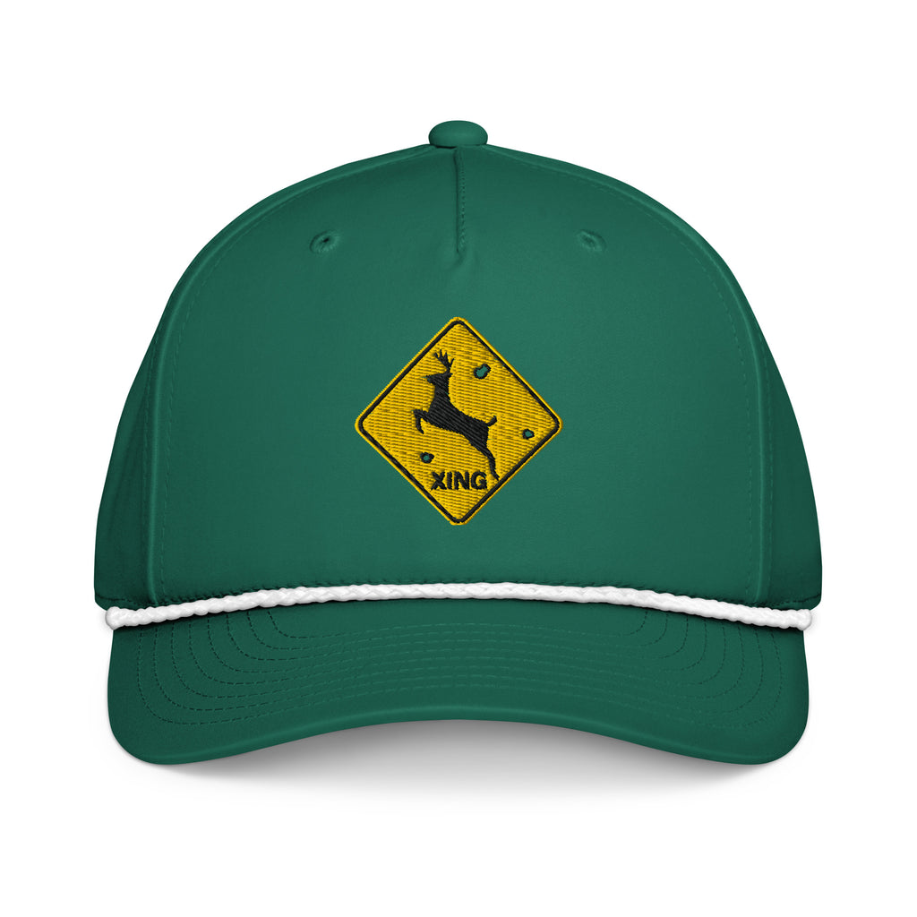 Deer crossing sign embroidered kelly green rope hat with white rope – funny deer hunting cap with bullet holes