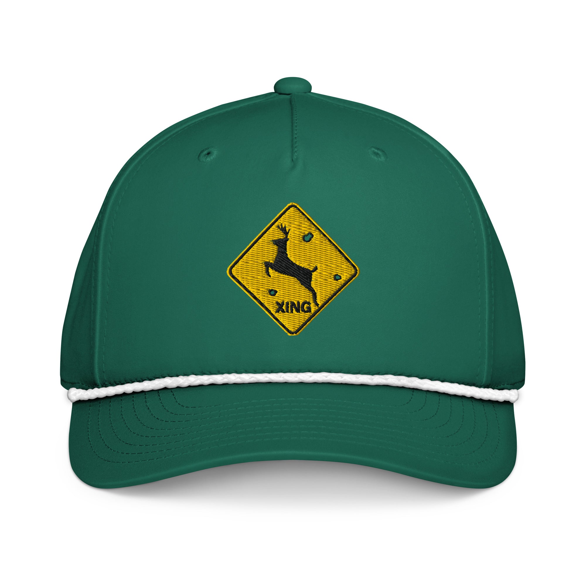 Deer crossing sign embroidered kelly green rope hat with white rope – funny deer hunting cap with bullet holes
