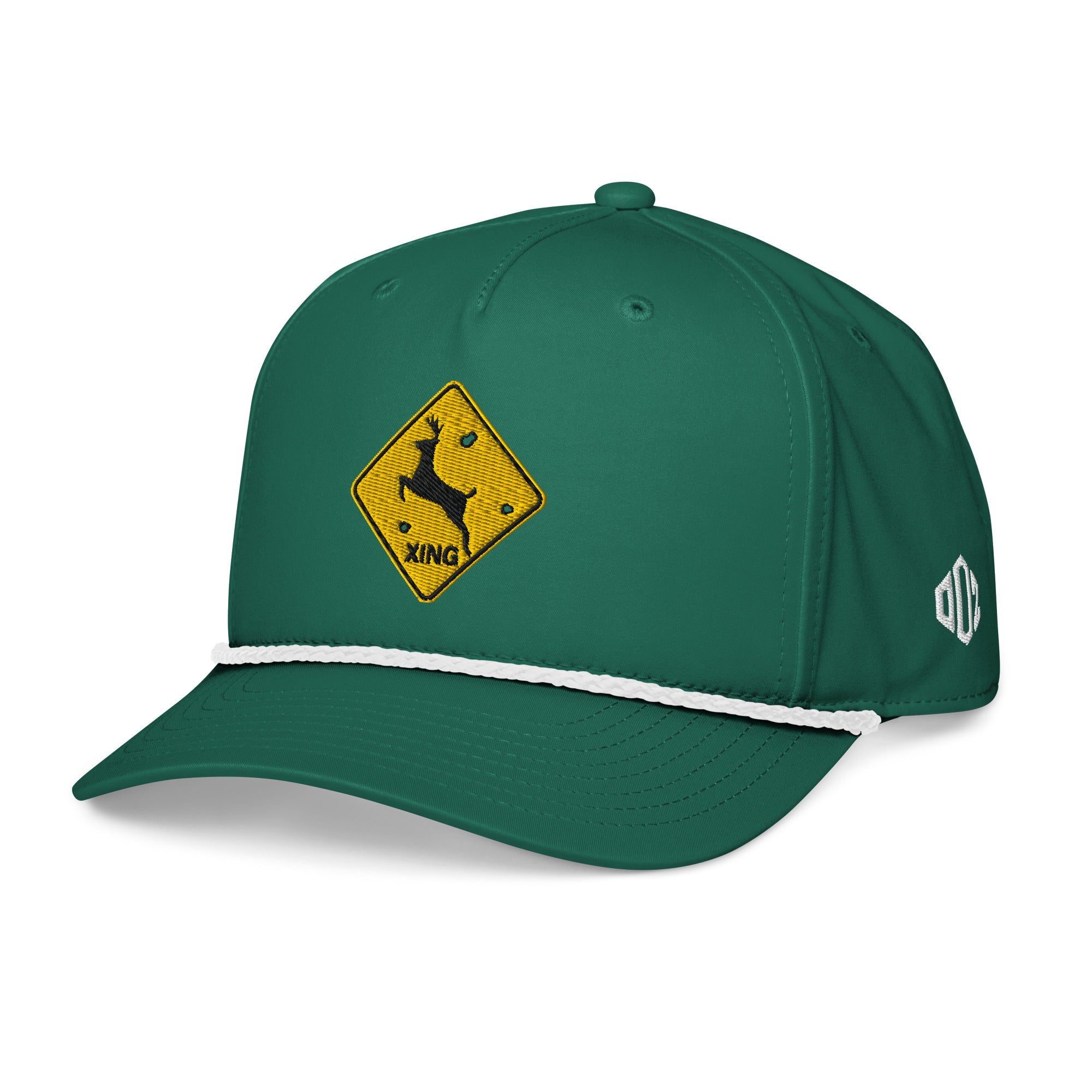 Kelly Green deer crossing sign rope hat left front view showing Outdoorz Hats logo embroidery