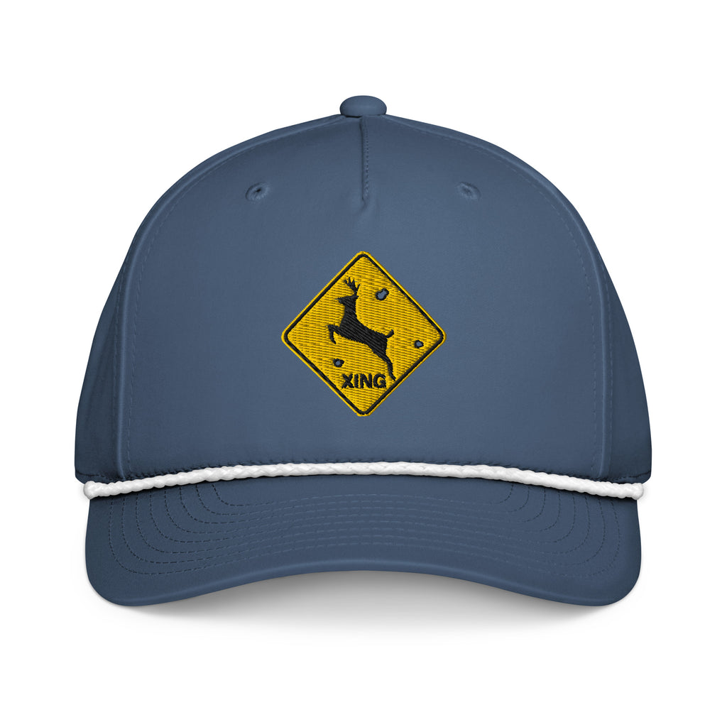 Deer crossing sign embroidered light blue rope hat with white rope – funny deer hunting cap with bullet holes