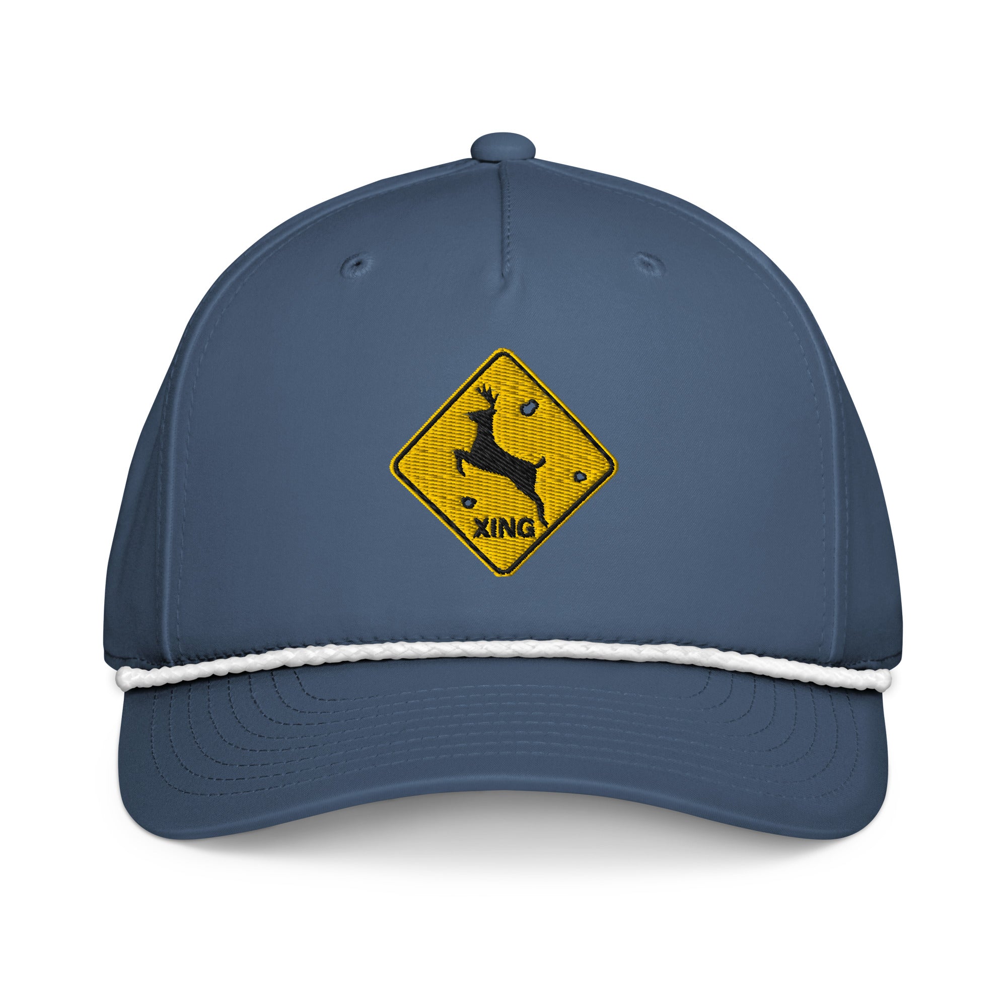 Deer crossing sign embroidered light blue rope hat with white rope – funny deer hunting cap with bullet holes
