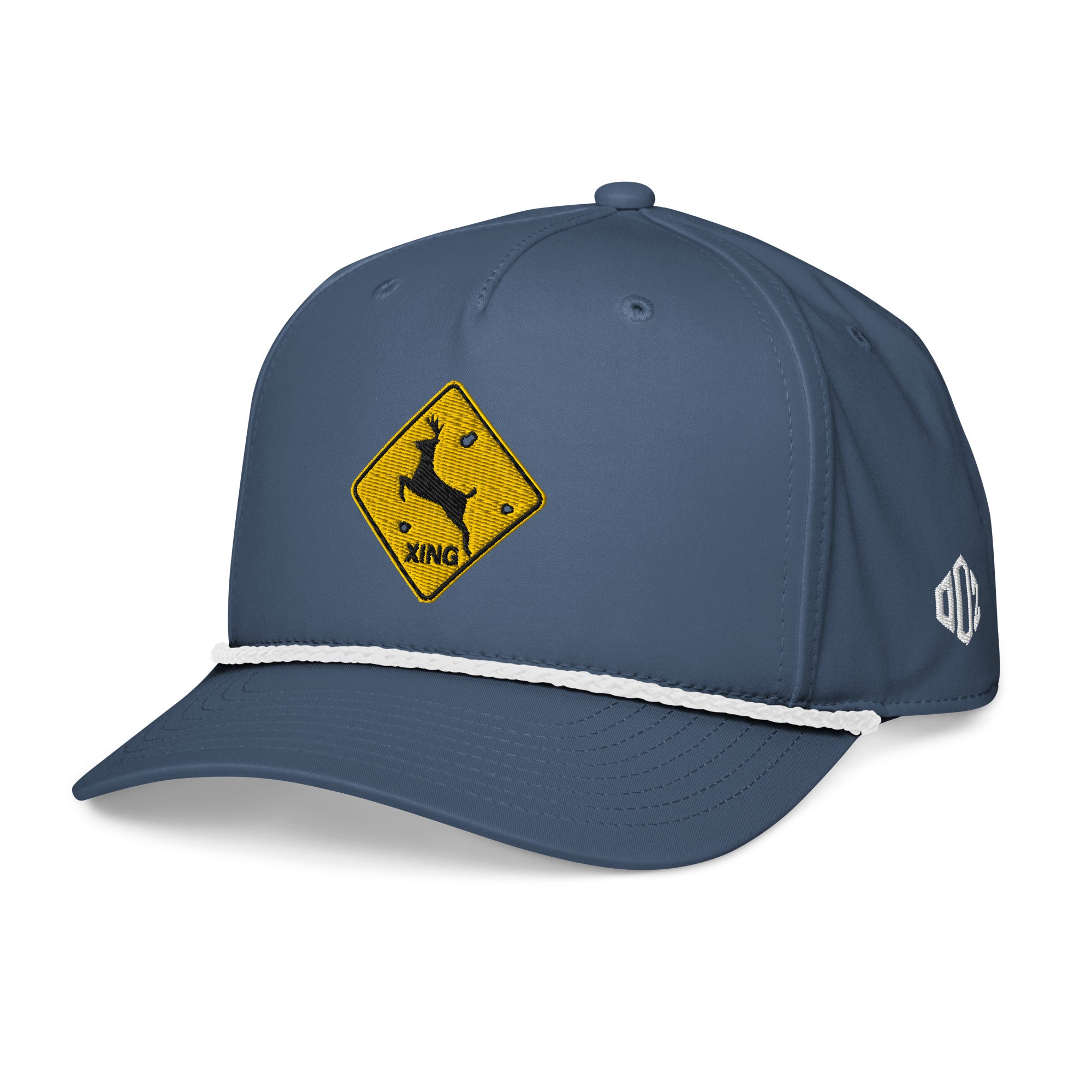 Light blue deer crossing sign rope hat left front view showing Outdoorz Hats logo embroidery