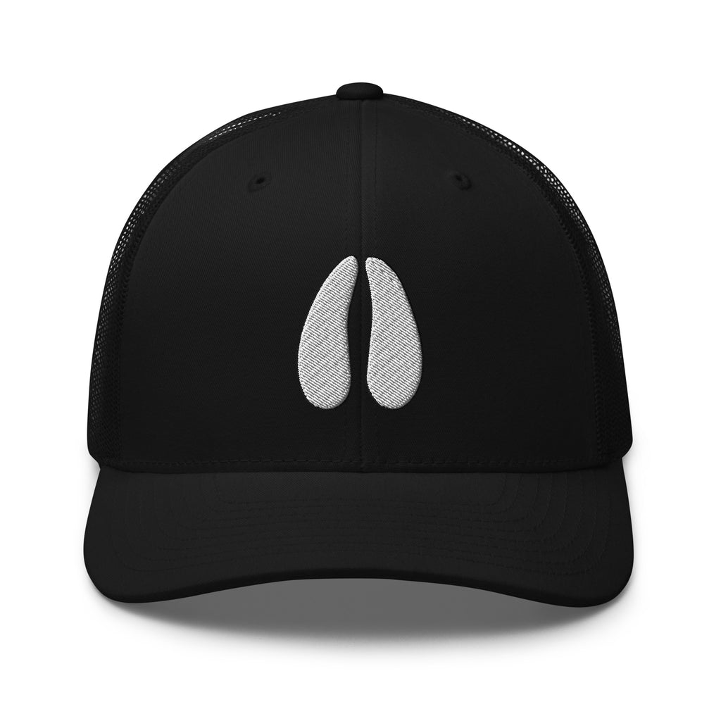 Deer track embroidered black trucker hat front view – deer hunting cap for serious hunters