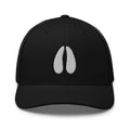 Deer track embroidered black trucker hat front view – deer hunting cap for serious hunters