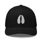 Deer track embroidered black trucker hat front view – deer hunting cap for serious hunters