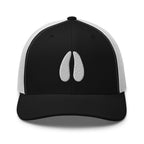 Deer track embroidered black trucker hat white mesh front view – deer hunting cap for men