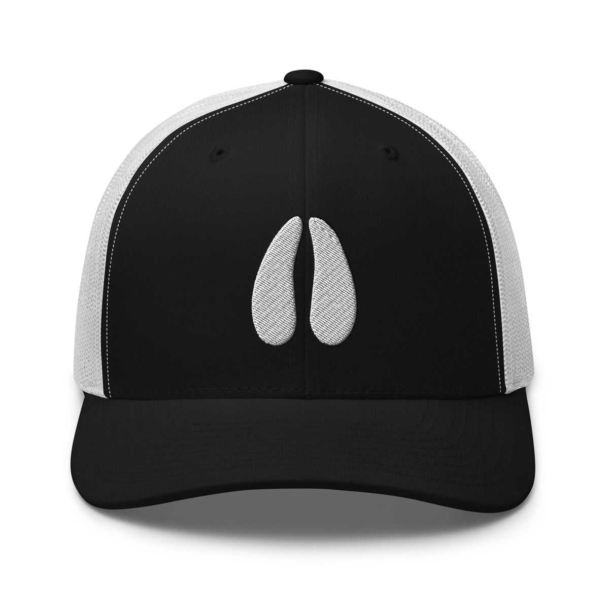 Deer track embroidered black trucker hat white mesh front view – deer hunting cap for men