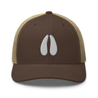 Deer track embroidered brown trucker hat khaki mesh front view – deer hunting cap for deer season
