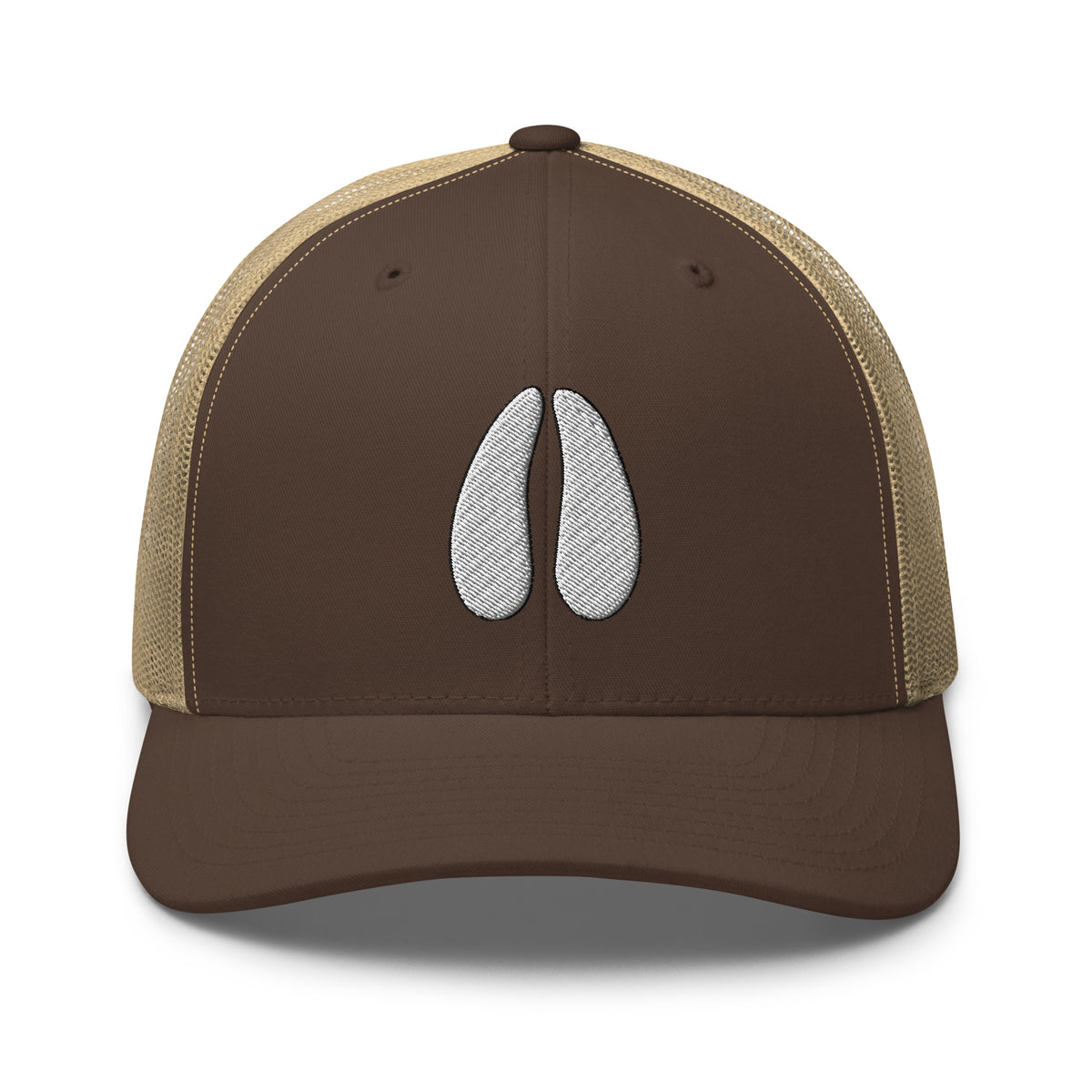 Deer track embroidered brown trucker hat khaki mesh front view – deer hunting cap for deer season