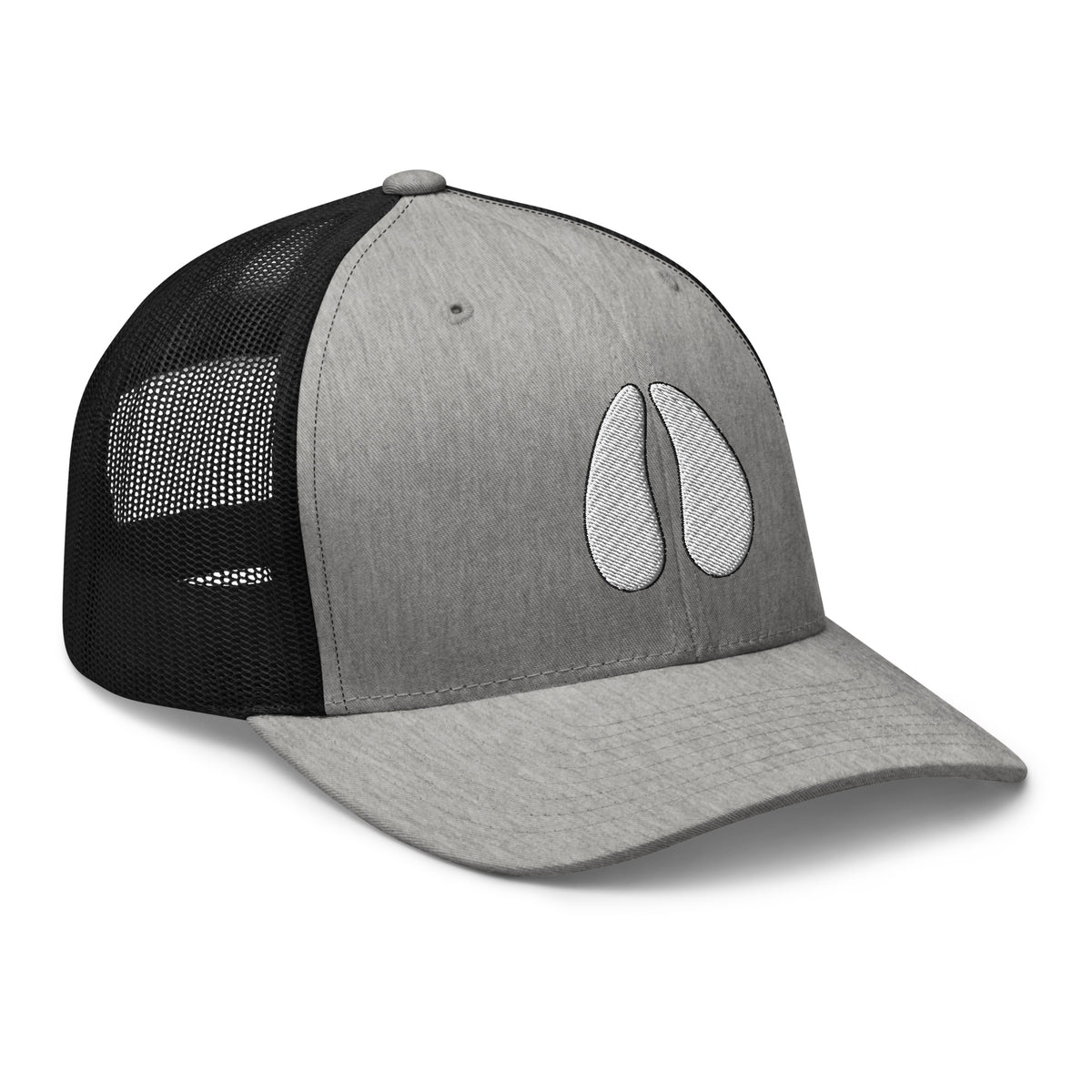 Gray heather and black mesh deer track trucker hat side view – embroidered deer hoof print cap