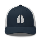 Deer track embroidered navy trucker hat white mesh front view – deer hunting hat for outdoorsmen