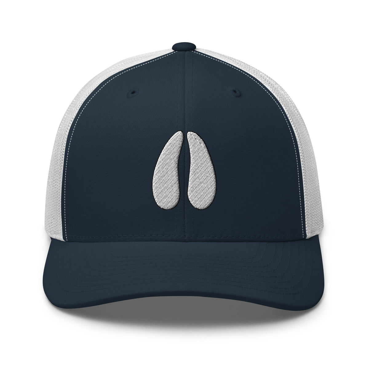 Deer track embroidered navy trucker hat white mesh front view – deer hunting hat for outdoorsmen
