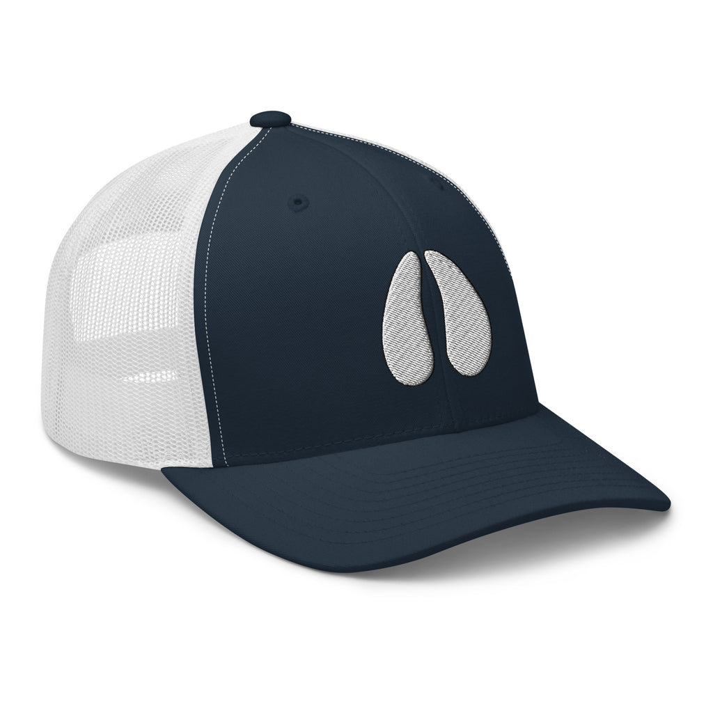 Navy and white mesh deer track trucker hat side view – deer hoof print embroidered cap