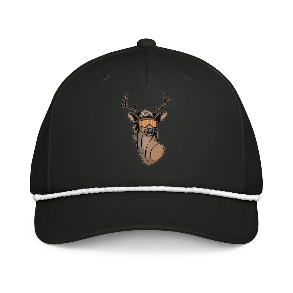 Deer with mullet printed black rope hat with white rope front view – funny deer hunting cap