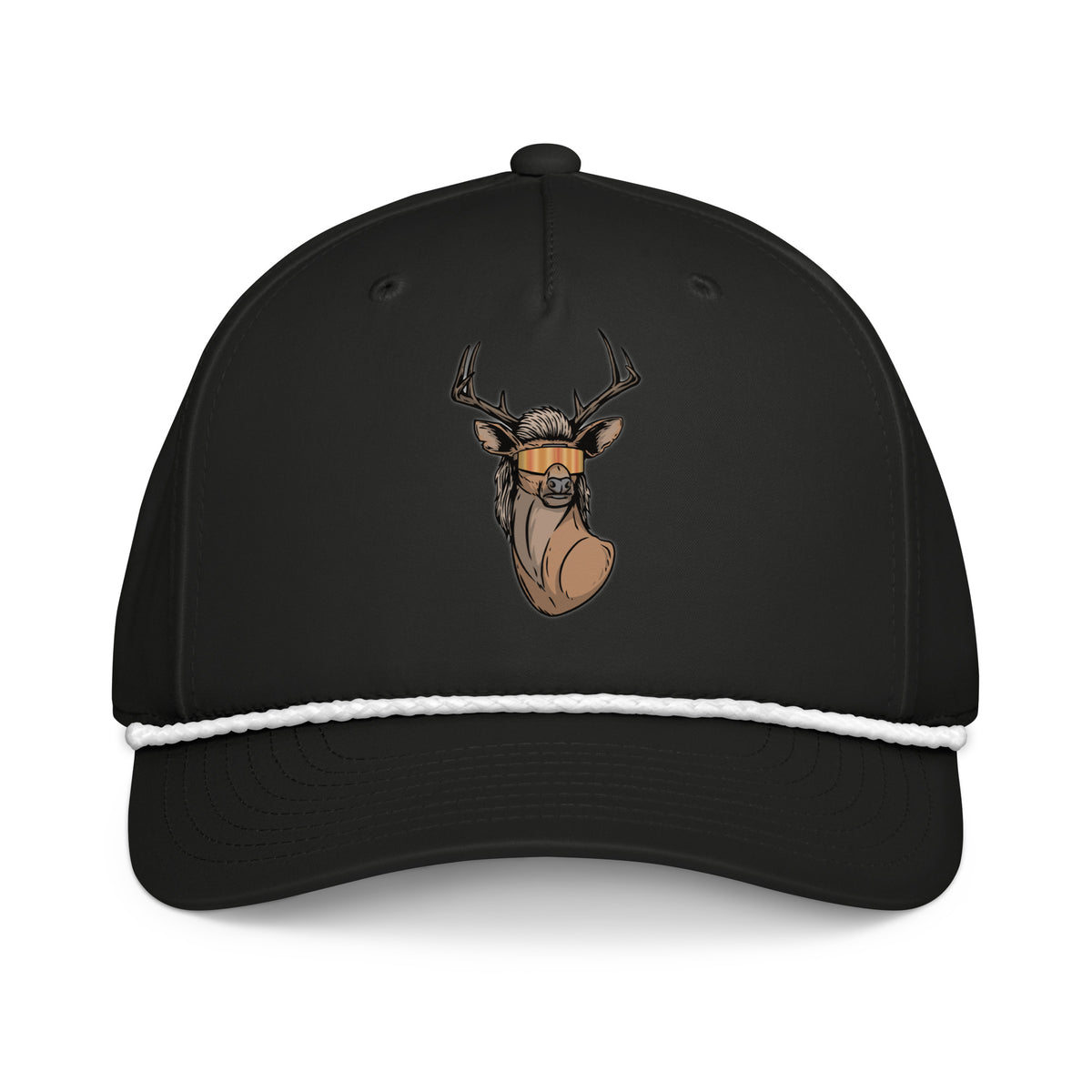Deer with mullet printed black rope hat with white rope front view – funny deer hunting cap