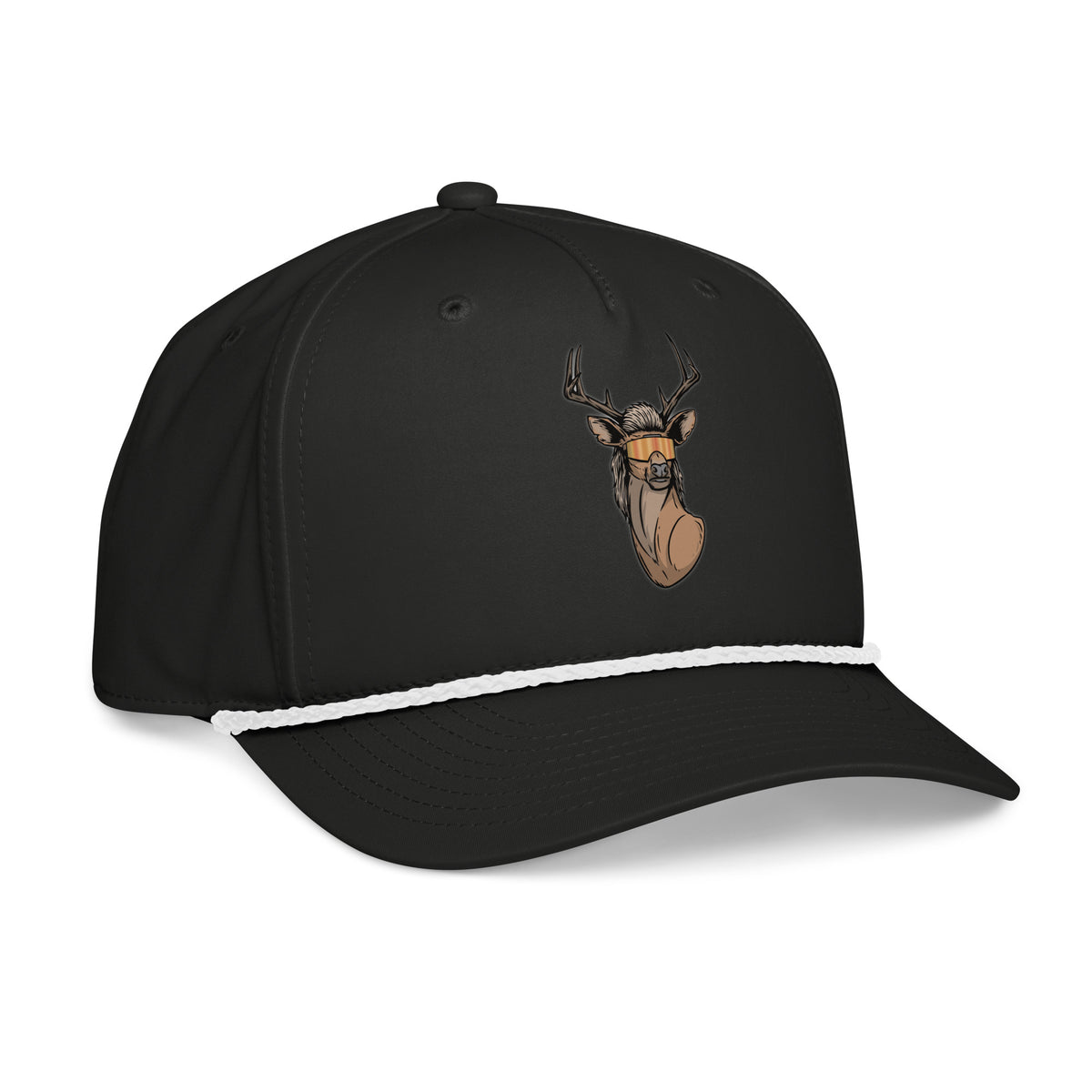 Black deer with mullet rope hat with white rope side view – funny printed cap for deer hunters
