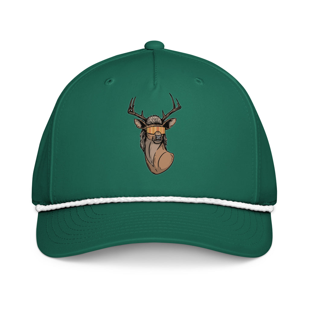Deer with mullet printed kelly green rope hat with white rope front view – funny deer hunting cap