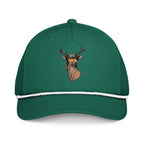 Deer with mullet printed kelly green rope hat with white rope front view – funny deer hunting cap