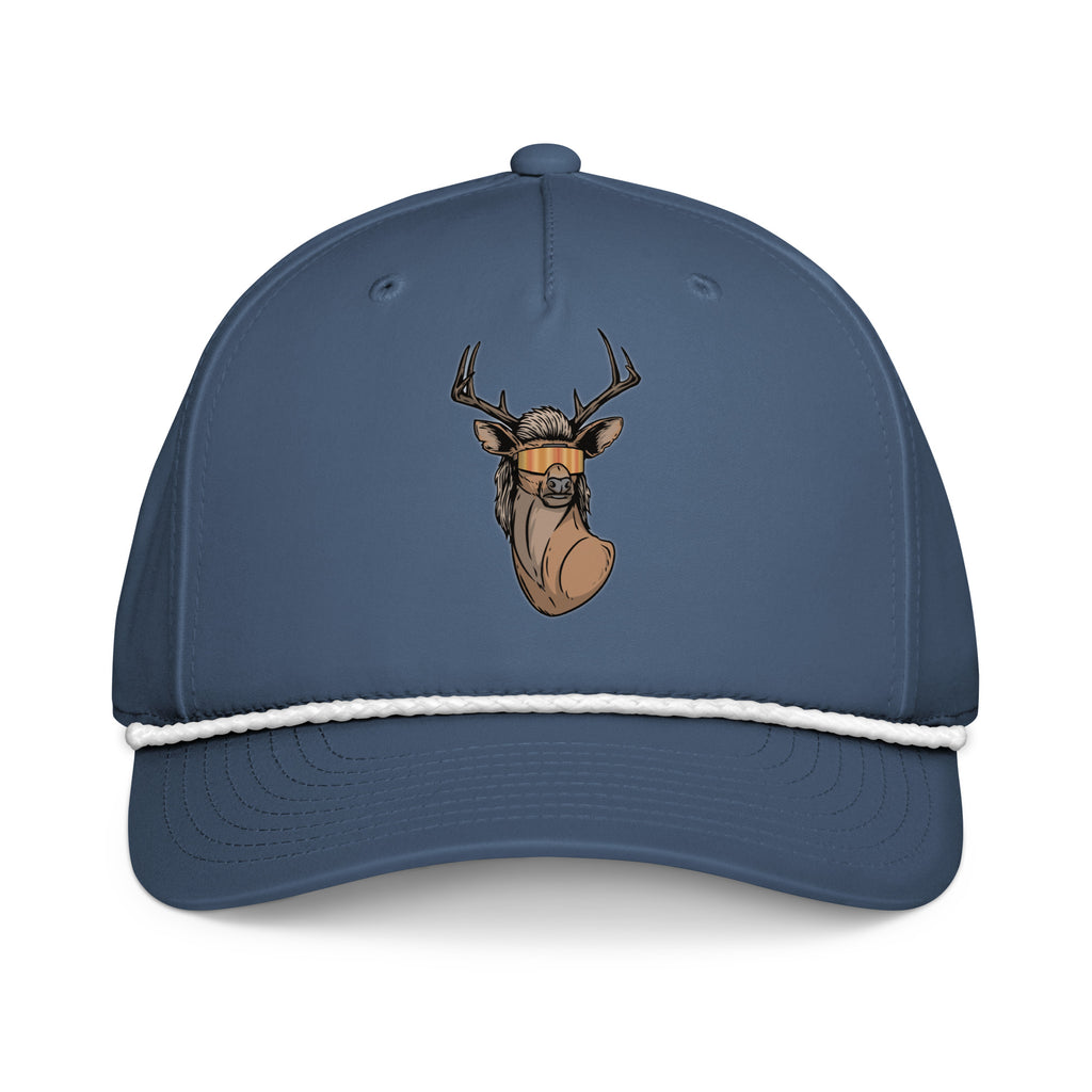 Deer with mullet printed light blue rope hat with white rope front view – funny deer hunting cap