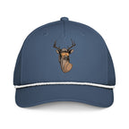 Deer with mullet printed light blue rope hat with white rope front view – funny deer hunting cap
