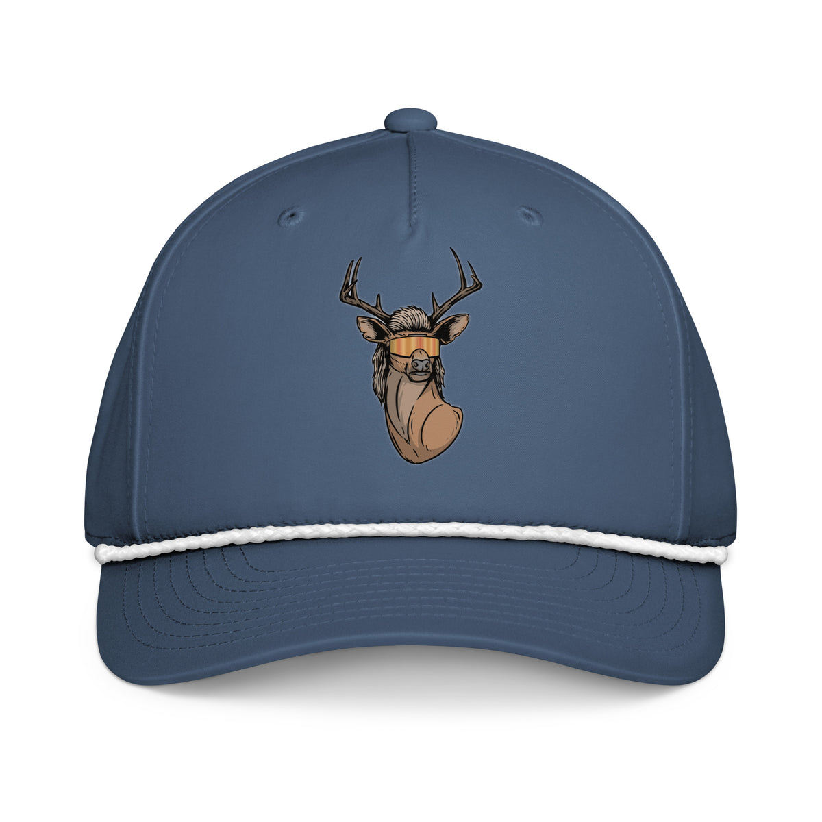 Deer with mullet printed light blue rope hat with white rope front view – funny deer hunting cap