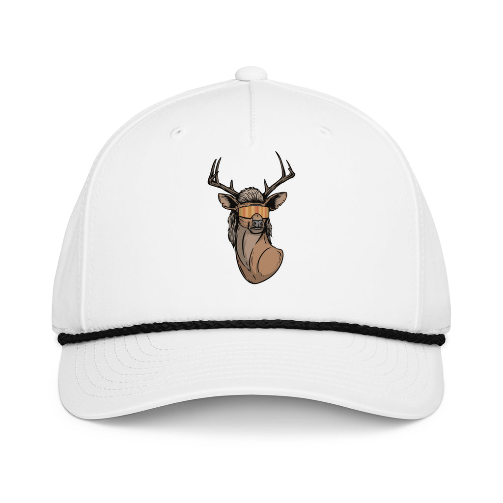 Deer with mullet printed white rope hat with black rope front view – funny deer hunting cap for men and women