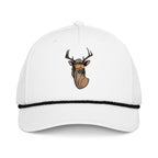 Deer with mullet printed white rope hat with black rope front view – funny deer hunting cap for men and women