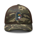 Duck Mullet embroidered camo trucker hat front view – funny duck hunting cap
