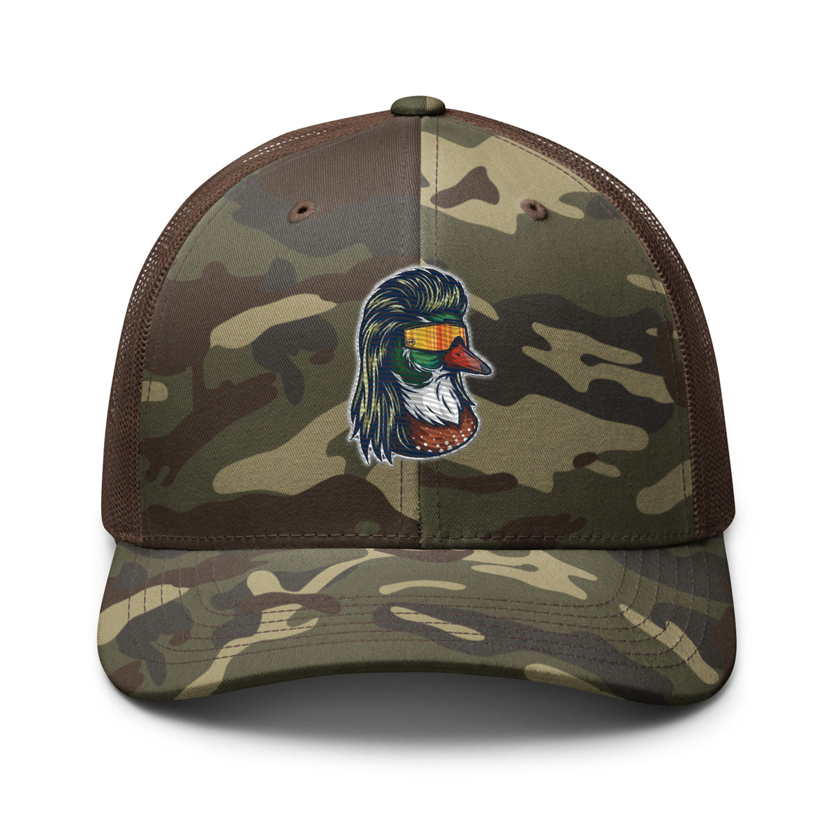 Duck Mullet embroidered camo trucker hat front view – funny duck hunting cap