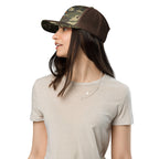 Womann wearing duck mullet camo trucker hat – funny duck hunting cap