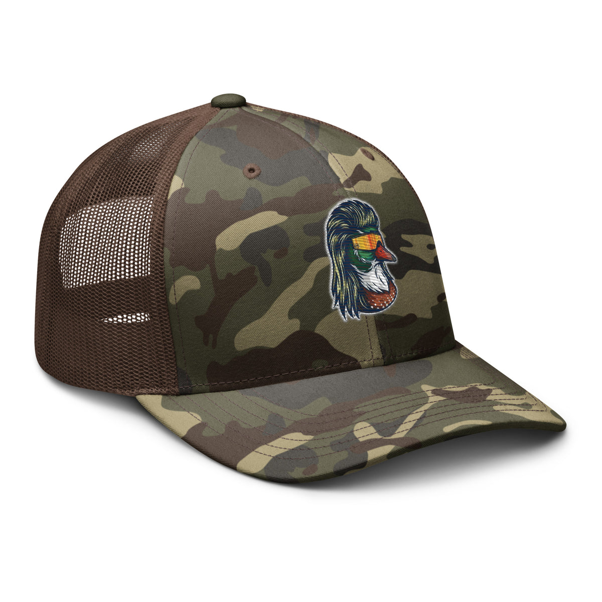 Camo Duck Mullet trucker hat side view – funny embroidered duck hunting cap