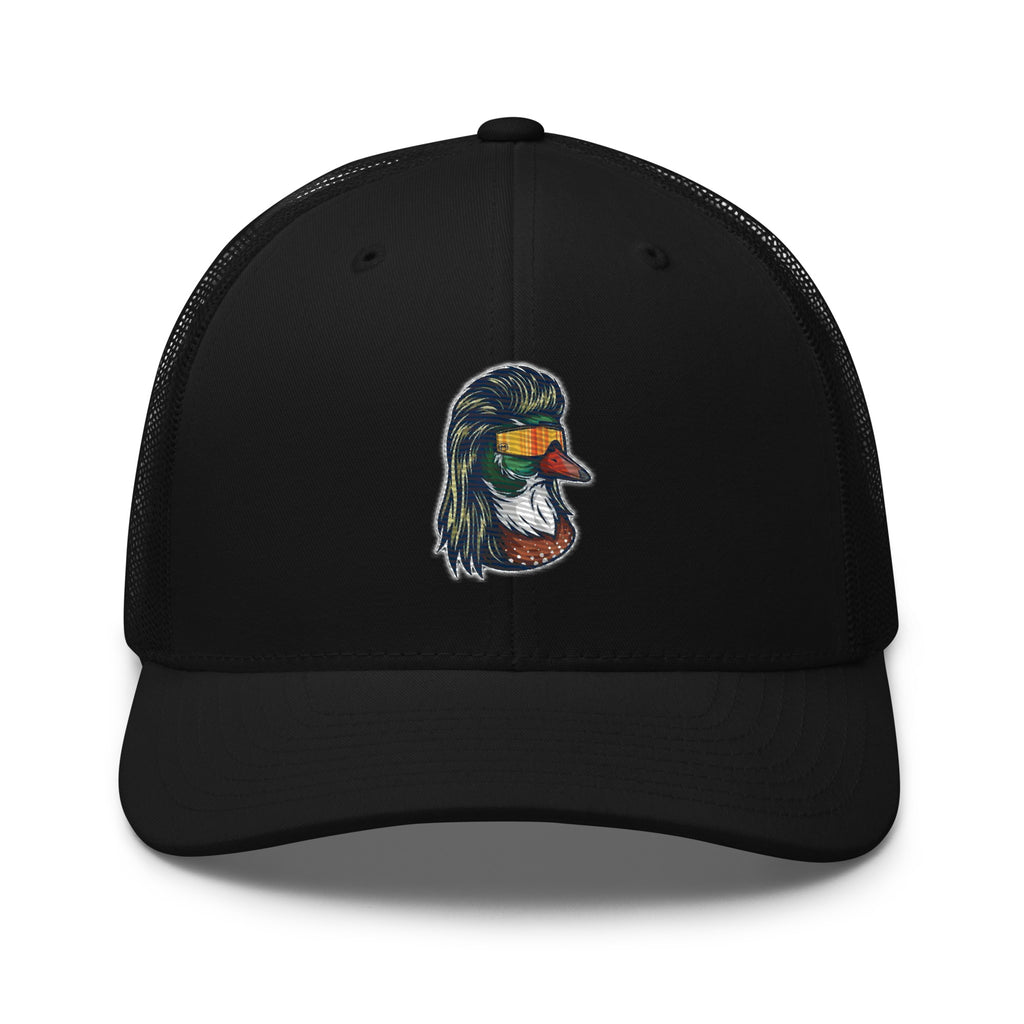Duck Mullet embroidered black trucker hat front view – funny duck hunting cap