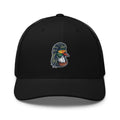Duck Mullet embroidered black trucker hat front view – funny duck hunting cap