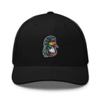 Duck Mullet embroidered black trucker hat front view – funny duck hunting cap