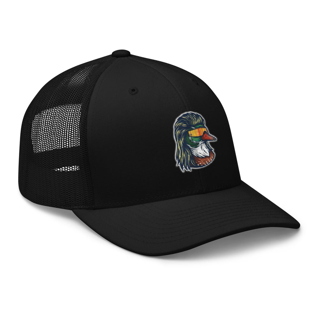 Black Duck Mullet trucker hat side view – funny embroidered duck hunting cap
