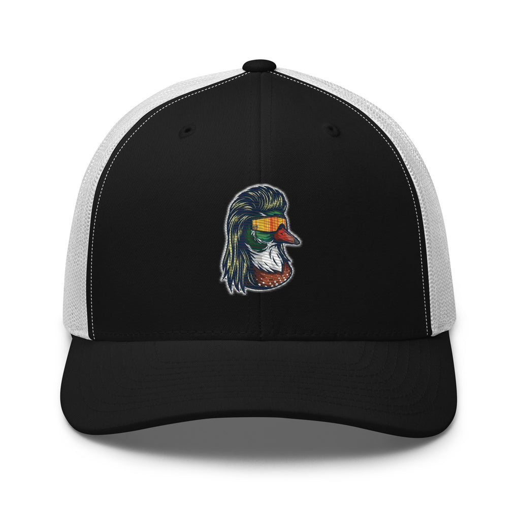 Duck Mullet embroidered black trucker hat white mesh front view – funny duck hunting cap