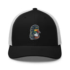 Duck Mullet embroidered black trucker hat white mesh front view – funny duck hunting cap